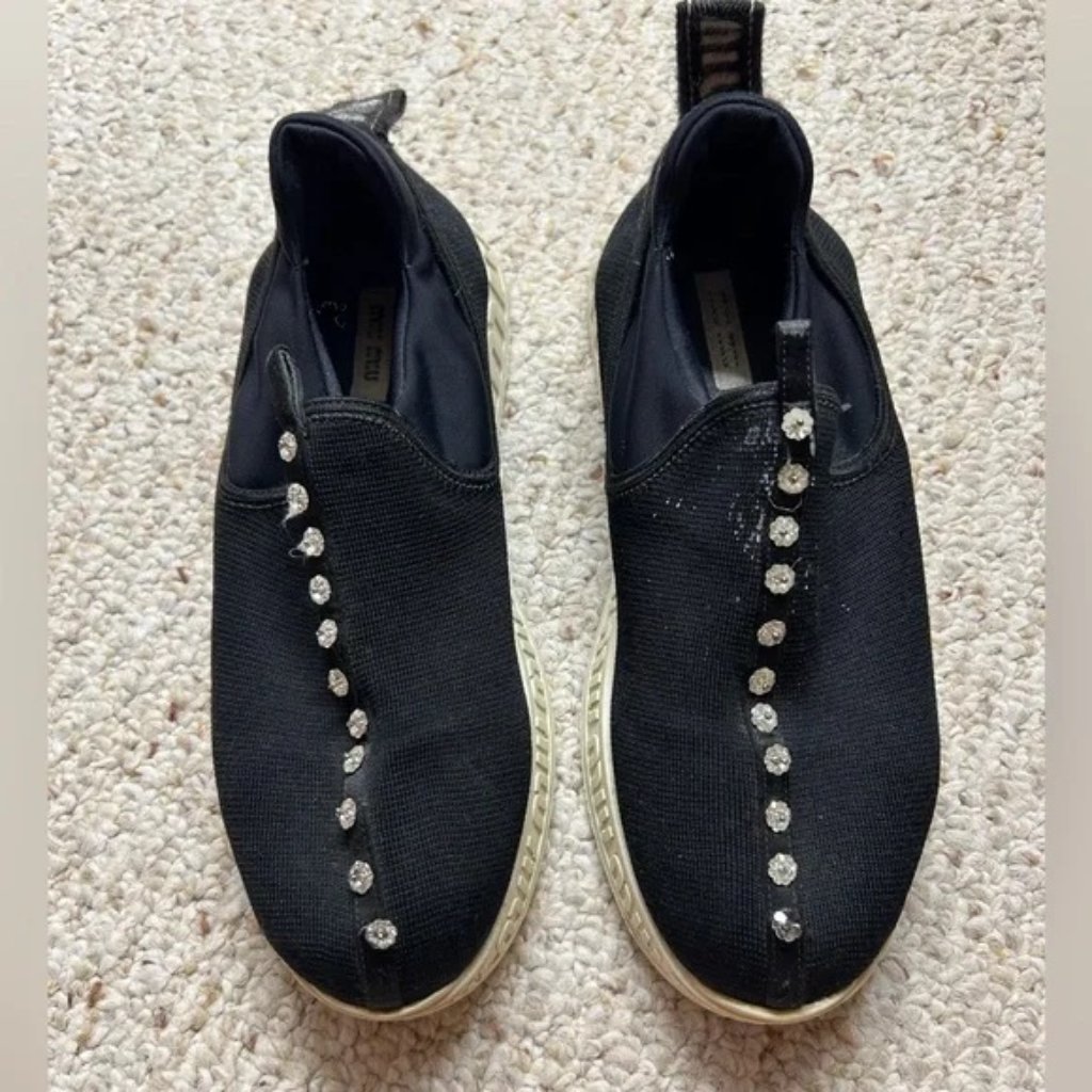 Miu Miu Black Crystal Trainers Sneakers, Size Eu 38.5 Us 8.5